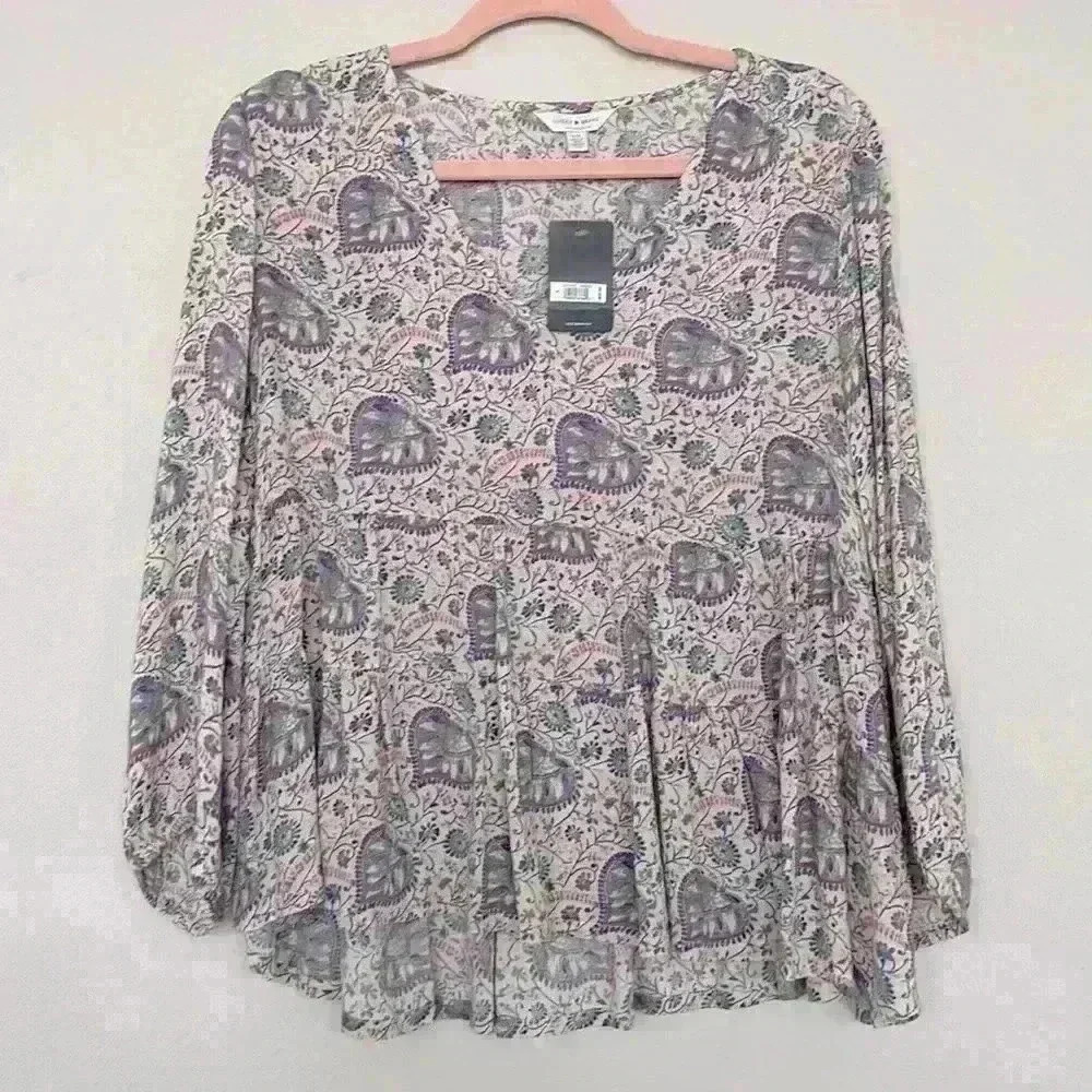 Lucky Brand NWTLavender Paisley Printed Tiered V Neck Peasant Top Blouse Sz S